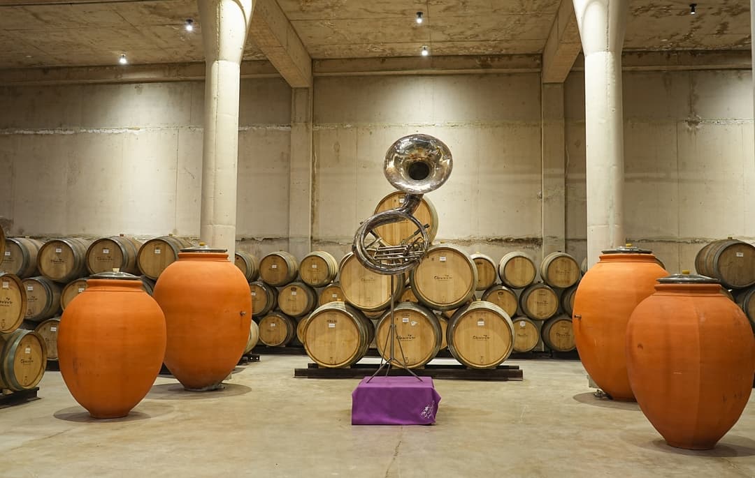 Cava simétrica con barricas de roble y ánforas de terracota, instrumento musical en el centro